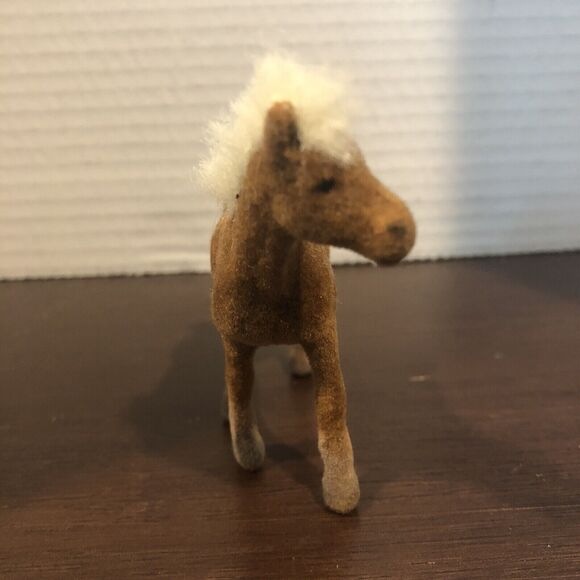 Flocked Plastic Toy Horse Brown Felted White Mane Soft Pony Figure Figurine 3” - Picture 2 of 10